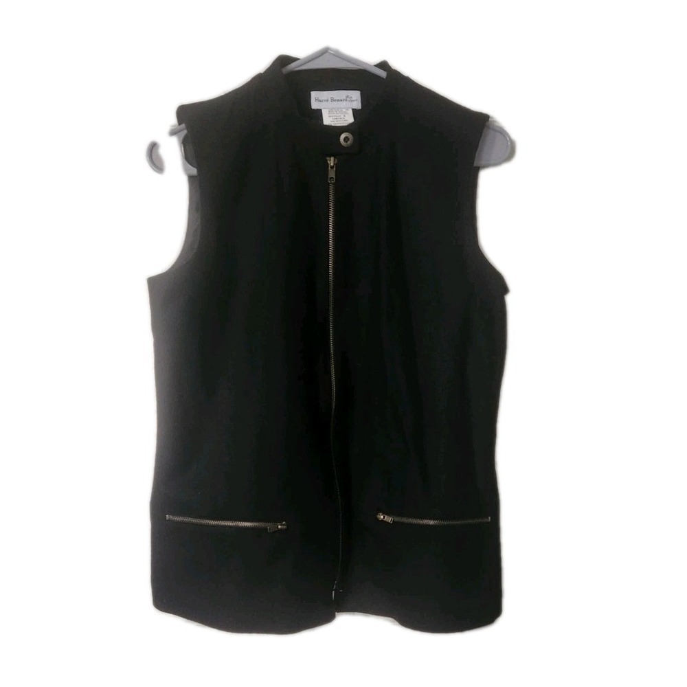 Harve Benard Sport Womens Full Zip Zipper Pocket Black Wool Vest Sz 4
